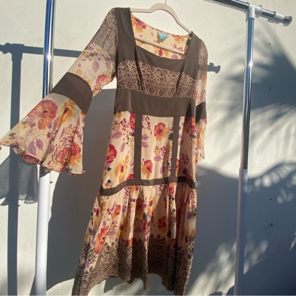 Y2K Tracy Reese 100% Silk Tan Multicolor Floral Fairy Dress Size 4